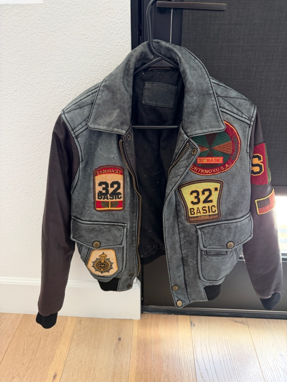 Carmar Gray Body Brown Sleeve Patchwork Varsity Jacket Size 34